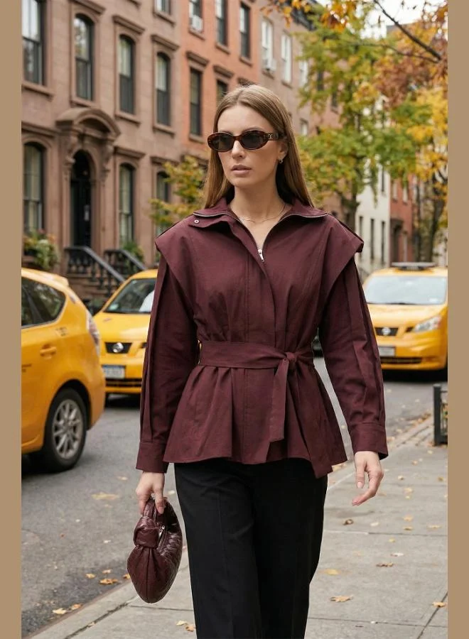 Lela Lela Regular Fit Stand Collar Wide Shoulder Belted Trench Coat Women'S Trench Coat 6927623